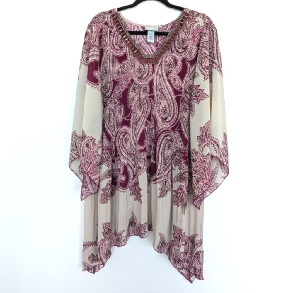 Catherine's Plus 3X Paisley Pleated Beaded Neckline Flowy Chiffon Blouse
